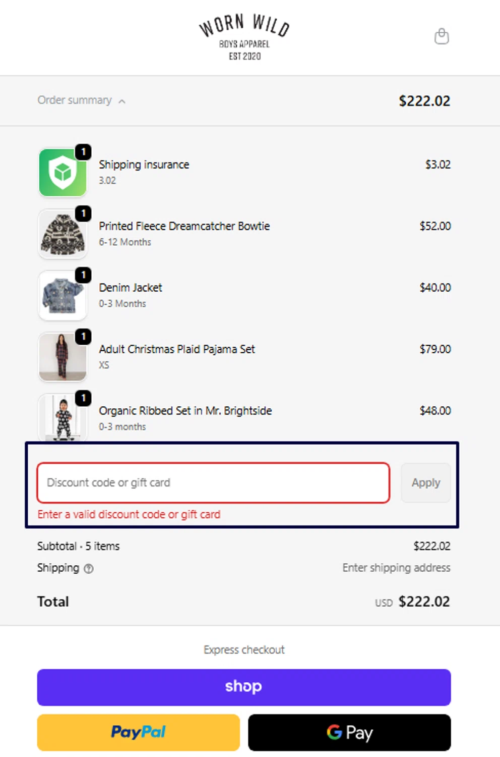Worn Wild discount code screenshot showing code AL2OZPLGBX applied at Worn Wild checkout page. Uploaded by SimplyCodes community member kaneky on Oct 18, 2025