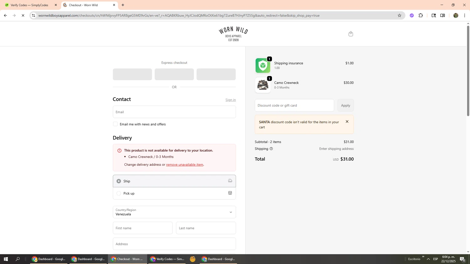 Worn Wild discount code screenshot showing code SANTA applied at Worn Wild checkout page. Uploaded by SimplyCodes community member Phoenix585 on Dec 22, 2025