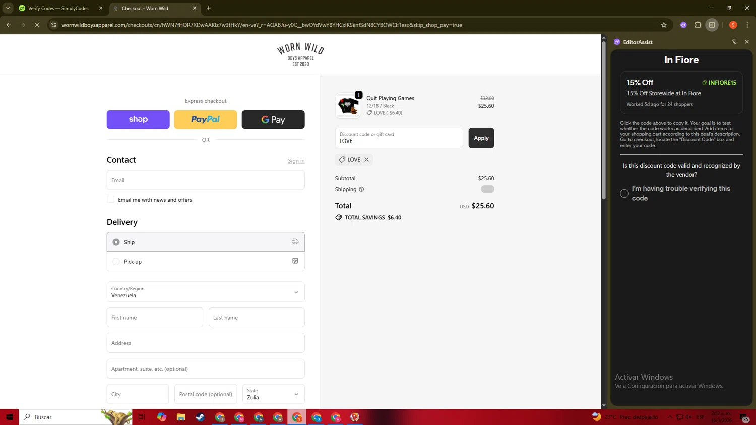 Worn Wild discount code screenshot showing code LOVE applied at Worn Wild checkout page. Uploaded by SimplyCodes community member ScanKnight8857 on Jan 16, 2026