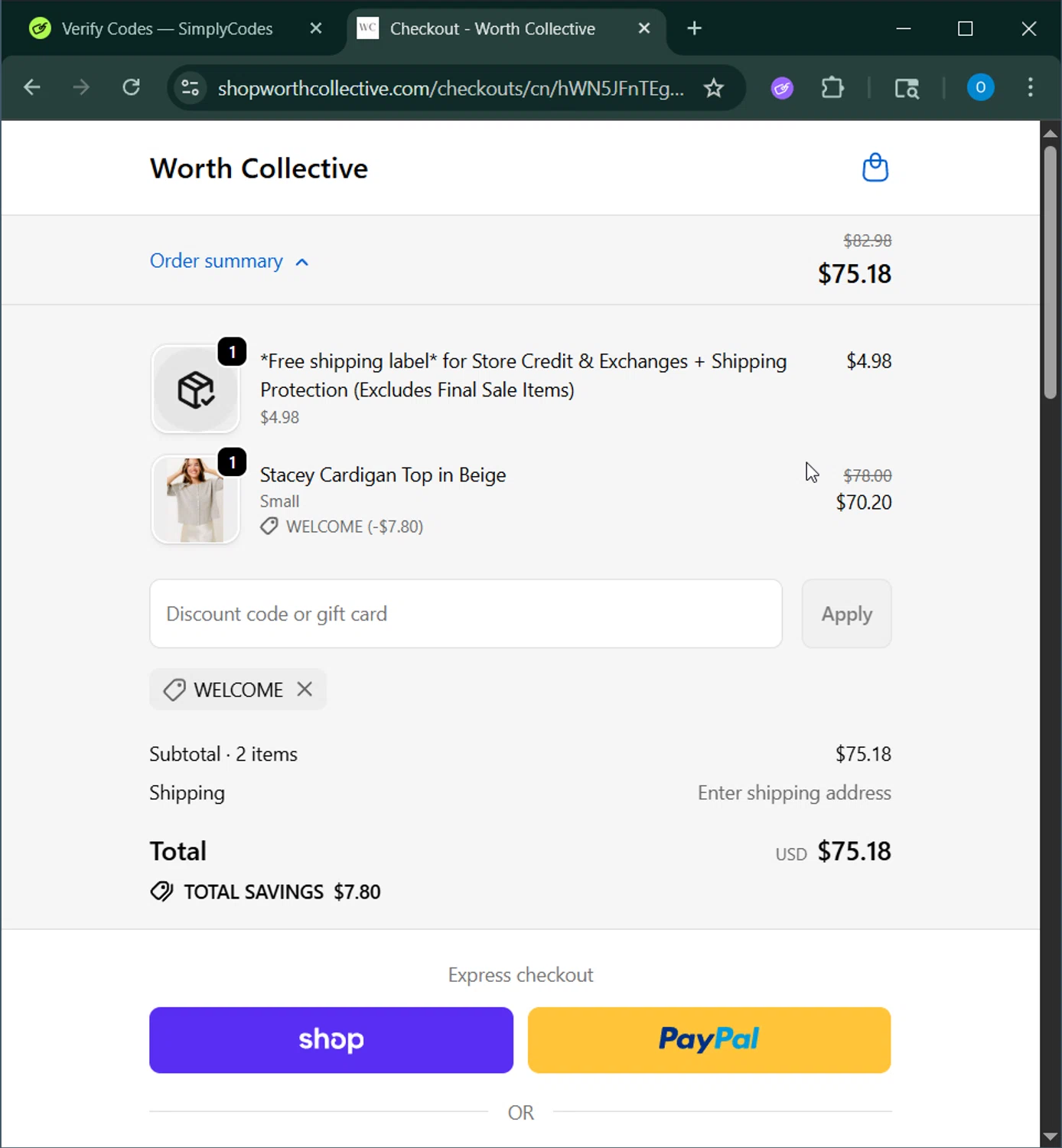 Worth Collective discount code screenshot showing code WELCOME applied at Worth Collective checkout page. Uploaded by SimplyCodes community member GoldChaser6627 on Nov 15, 2025