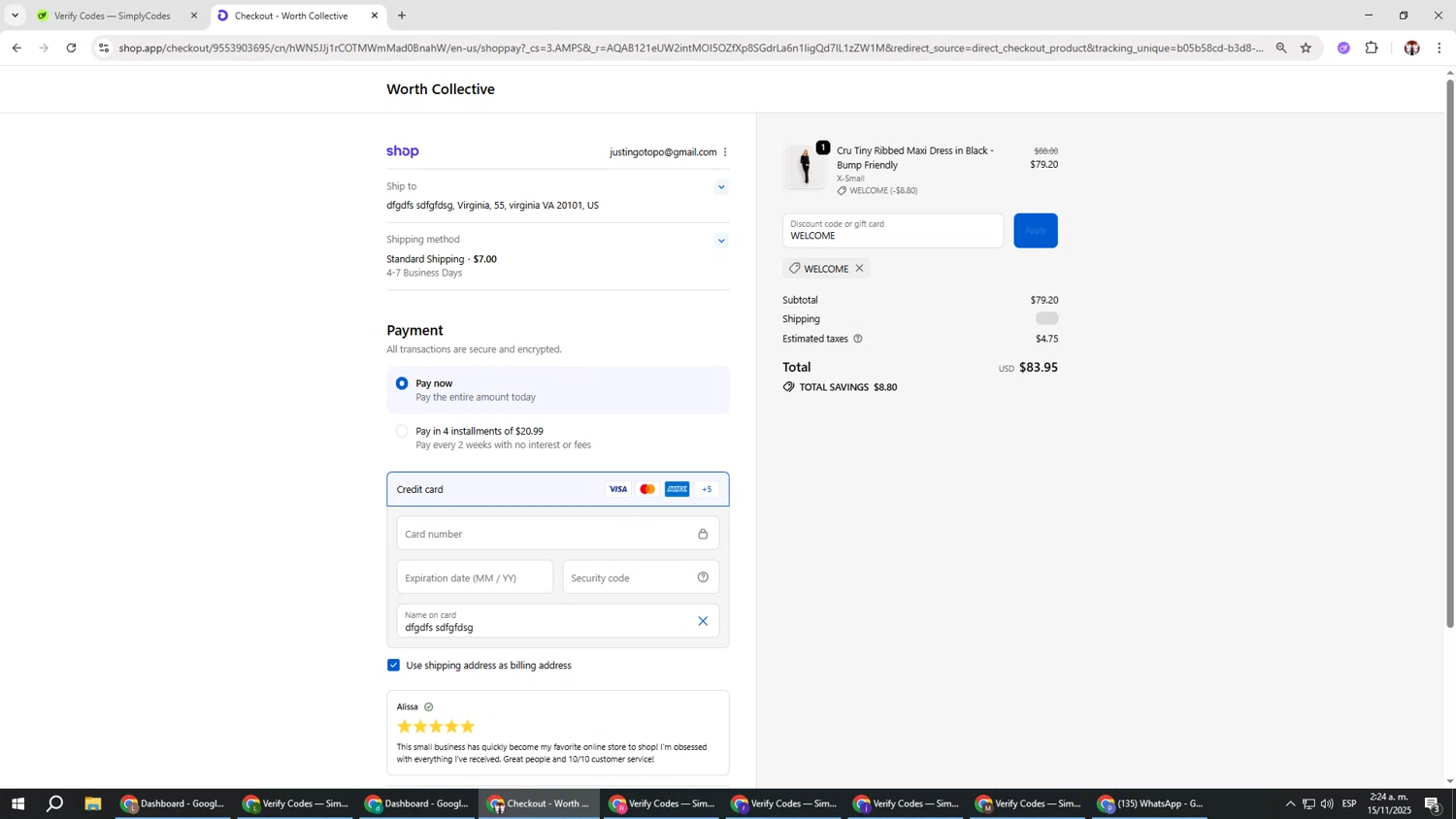 Worth Collective discount code screenshot showing code WELCOME applied at Worth Collective checkout page. Uploaded by SimplyCodes community member Salometta on Nov 15, 2025