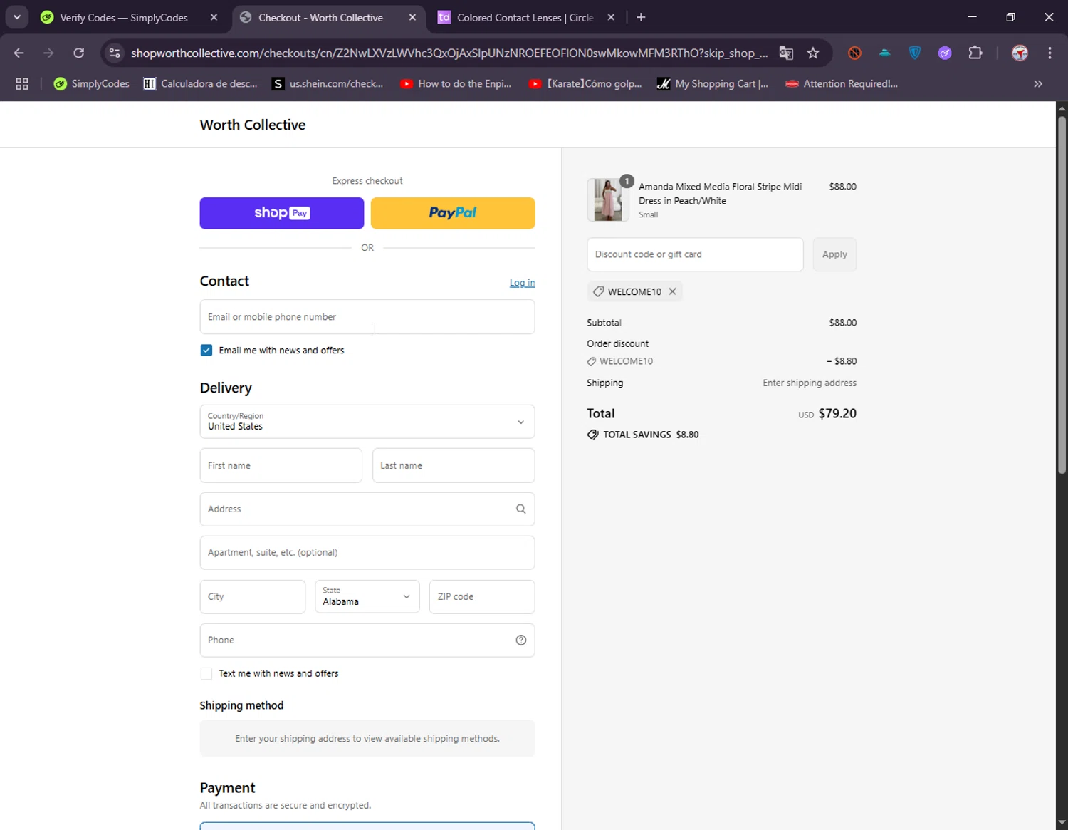 Worth Collective discount code screenshot showing code WELCOME10 applied at Worth Collective checkout page. Uploaded by SimplyCodes community member ElIntrepidoVolador on Jul 10, 2025