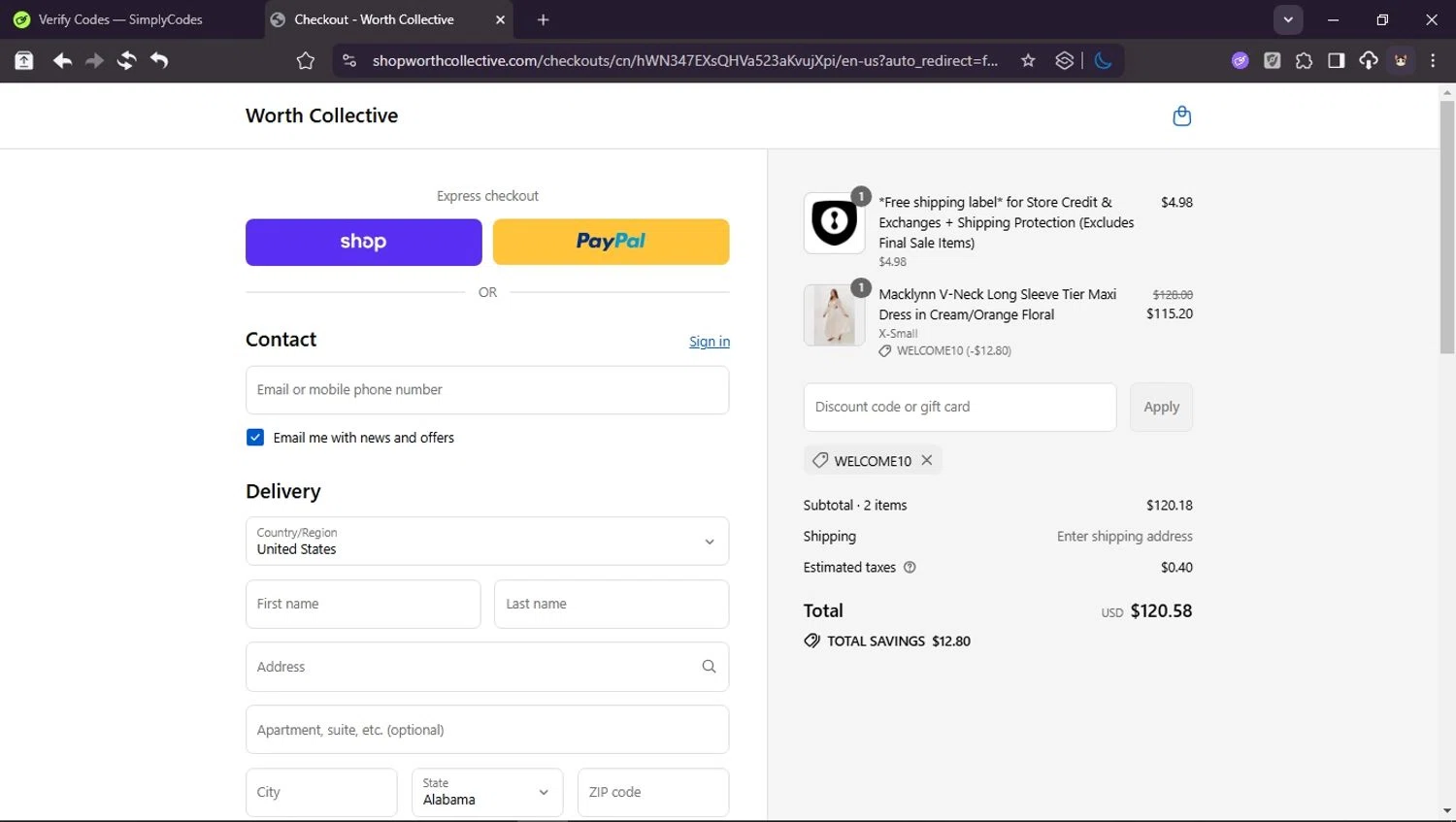 Worth Collective discount code screenshot showing code WELCOME10 applied at Worth Collective checkout page. Uploaded by SimplyCodes community member Userr2 on Sep 17, 2025