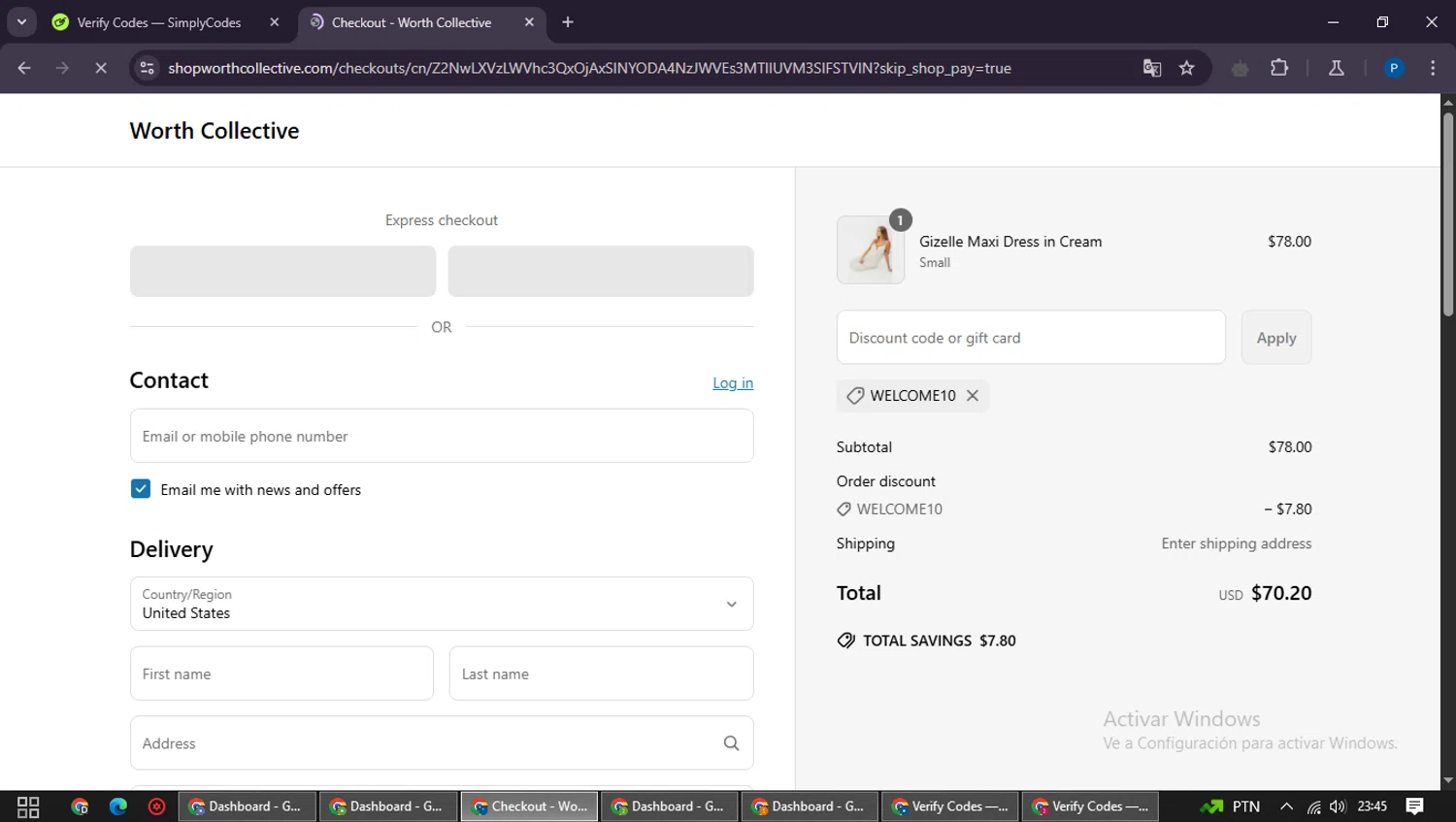 Worth Collective discount code screenshot showing code WELCOME10 applied at Worth Collective checkout page. Uploaded by SimplyCodes community member QuestExpert3096 on Apr 28, 2025
