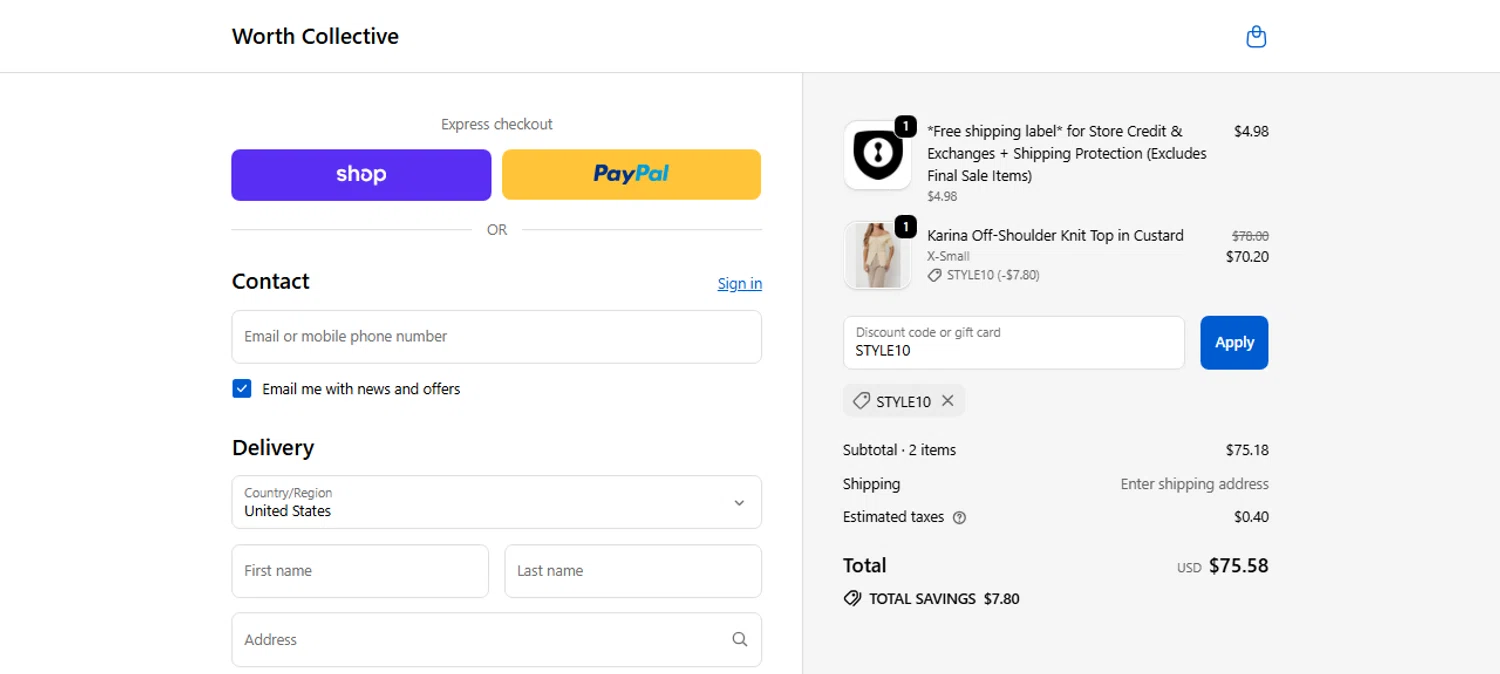 Worth Collective discount code screenshot showing code STYLE10 applied at Worth Collective checkout page. Uploaded by SimplyCodes community member CarmenAyuth on Sep 29, 2025