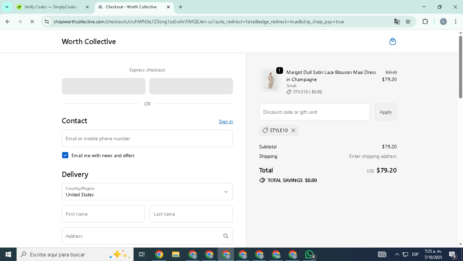 Worth Collective discount code screenshot showing code STYLE10 applied at Worth Collective checkout page. Uploaded by SimplyCodes community member SavingsHero4493 on Oct 7, 2025