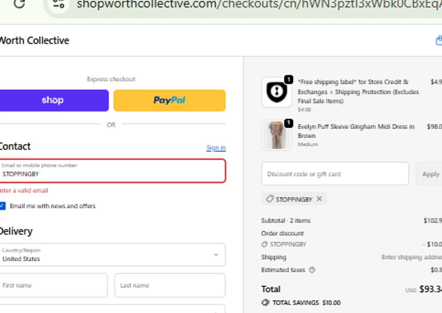 Worth Collective discount code screenshot showing code STOPPINGBY applied at Worth Collective checkout page. Uploaded by SimplyCodes community member CashMaestro9337 on Oct 7, 2025