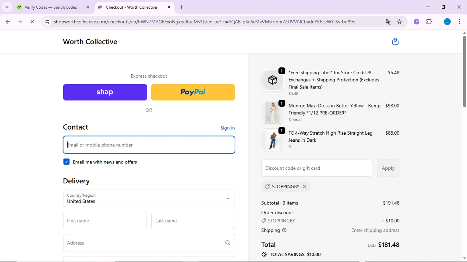 Worth Collective discount code screenshot showing code STOPPINGBY applied at Worth Collective checkout page. Uploaded by SimplyCodes community member CodeLynx3161 on Jan 8, 2026