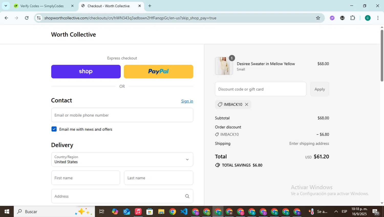 Worth Collective discount code screenshot showing code IMBACK10 applied at Worth Collective checkout page. Uploaded by SimplyCodes community member BonusPilot927 on Sep 17, 2025