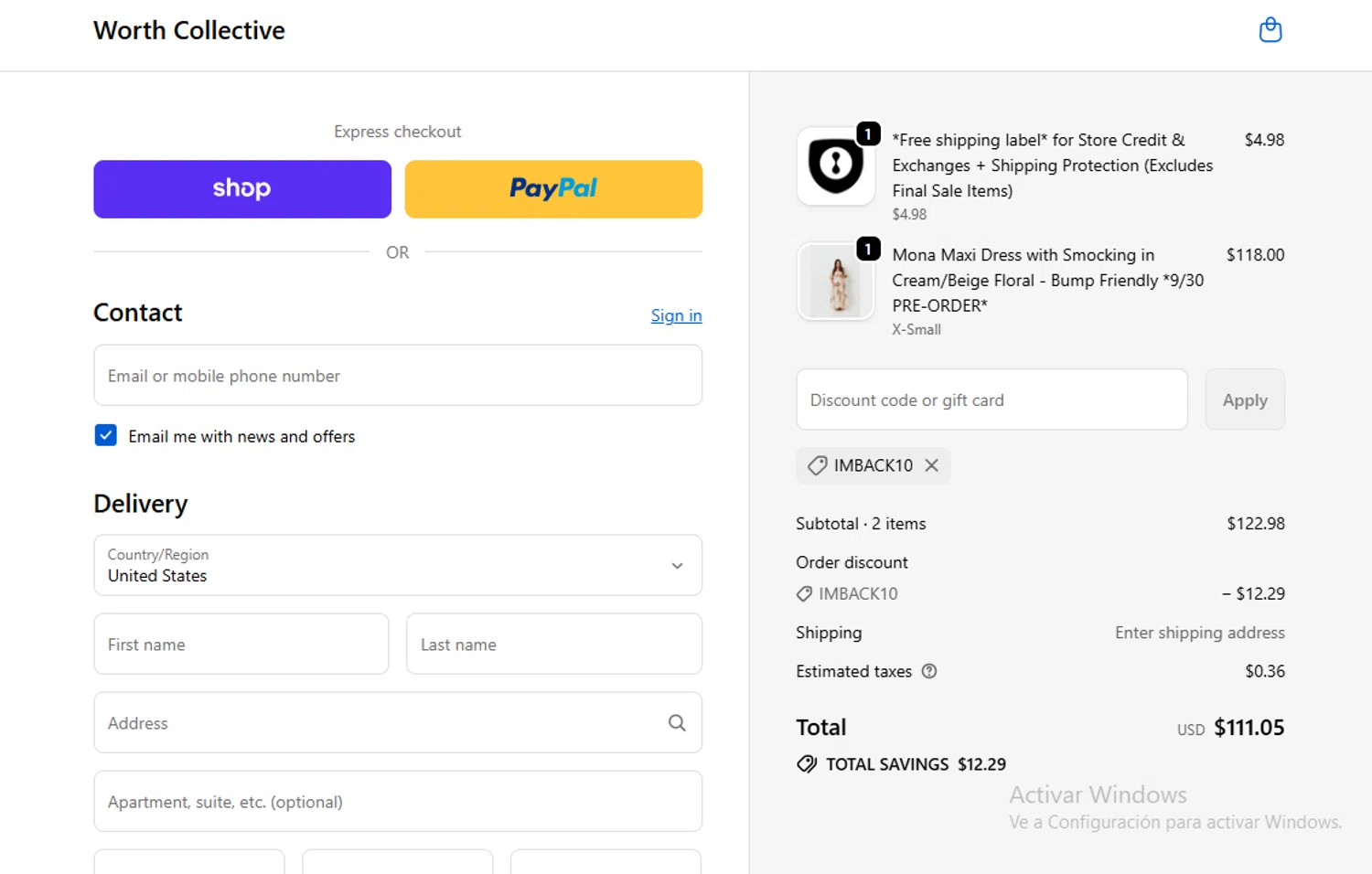Worth Collective discount code screenshot showing code IMBACK10 applied at Worth Collective checkout page. Uploaded by SimplyCodes community member Gary_23 on Sep 21, 2025