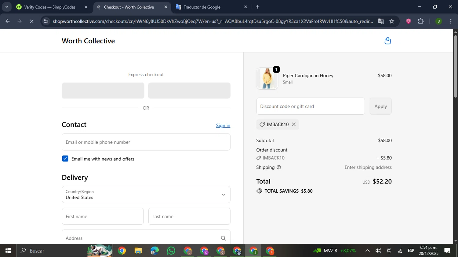Worth Collective discount code screenshot showing code IMBACK10 applied at Worth Collective checkout page. Uploaded by SimplyCodes community member RewardMaverick445 on Dec 28, 2025