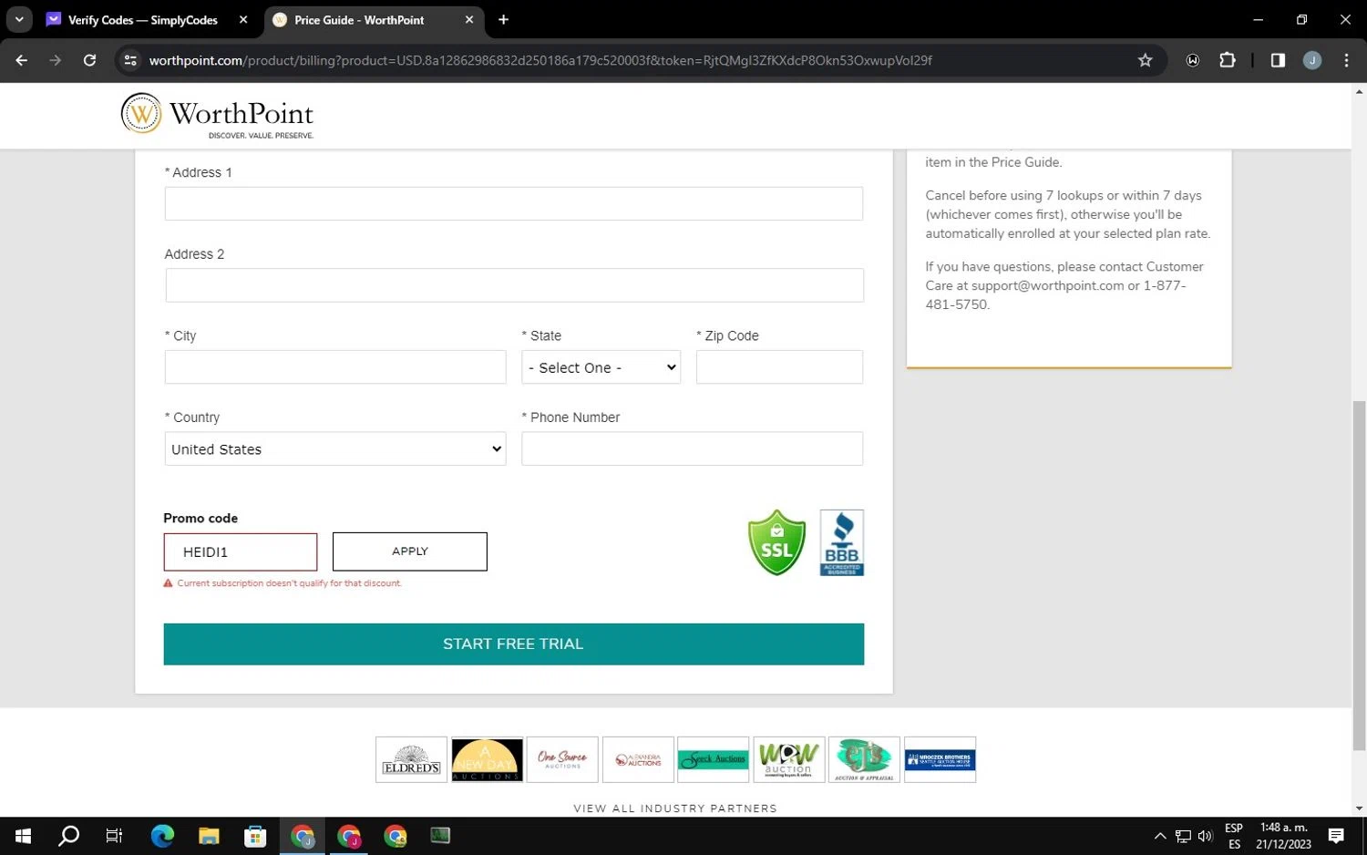 where to use WorthPoint promo code box