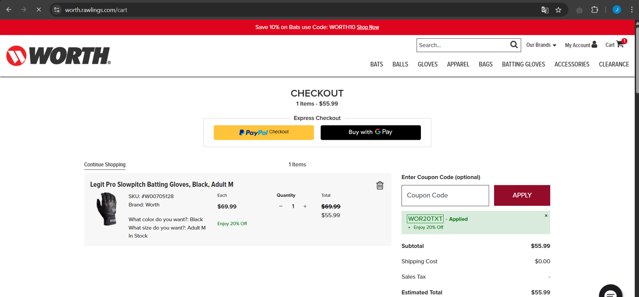 Worth Sports - Rawlings checkout page showing Worth Sports - Rawlings promo code box | Screenshot taken by SimplyCodes community member on May 11, 2025