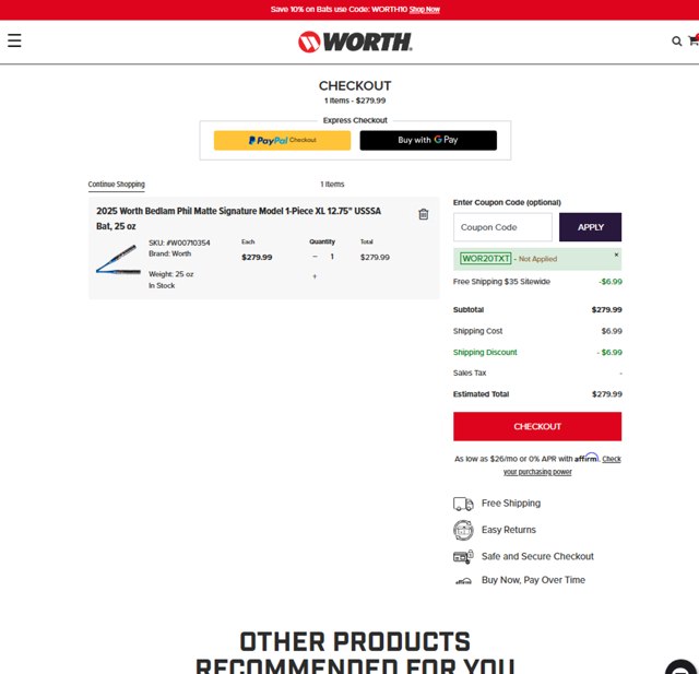 Worth Sports - Rawlings checkout page showing Worth Sports - Rawlings promo code box | Screenshot taken by SimplyCodes community member on Apr 12, 2025
