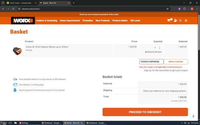 Worx checkout page showing Worx discount code box | Screenshot taken by SimplyCodes community member on Aug 26, 2025