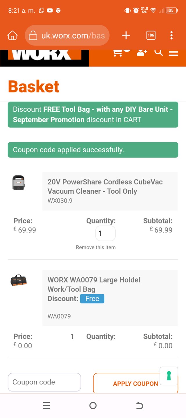Worx checkout page showing Worx discount code box | Screenshot taken by SimplyCodes community member on Sep 3, 2025