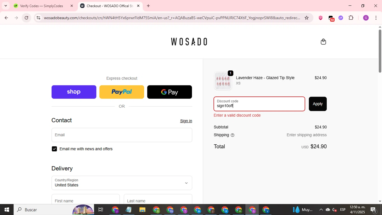 WOSADO discount code screenshot showing code sign10off applied at WOSADO checkout page. Uploaded by SimplyCodes community member ValuePilot6849 on Nov 4, 2025