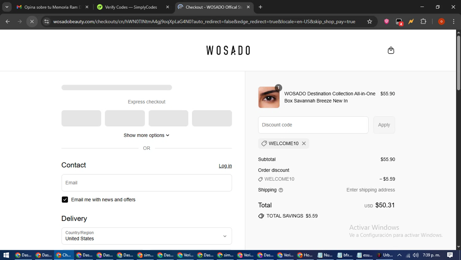 WOSADO discount code screenshot showing code WELCOME10 applied at WOSADO checkout page. Uploaded by SimplyCodes community member WiseTracker2171 on Jul 10, 2025