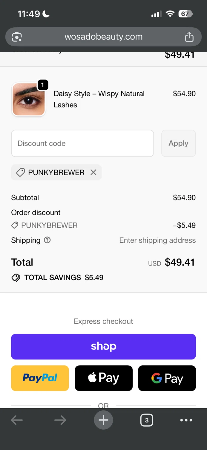 WOSADO discount code screenshot showing code punkybrewer applied at WOSADO checkout page. Uploaded by SimplyCodes community member luissdbv1 on Nov 15, 2025