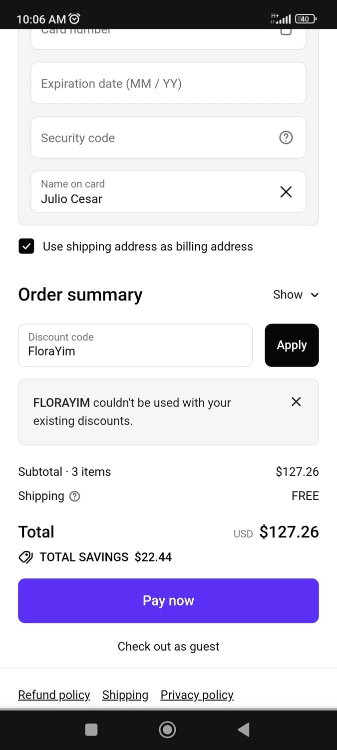WOSADO discount code screenshot showing code FloraYim applied at WOSADO checkout page. Uploaded by SimplyCodes community member BargainPioneer8286 on Oct 19, 2025