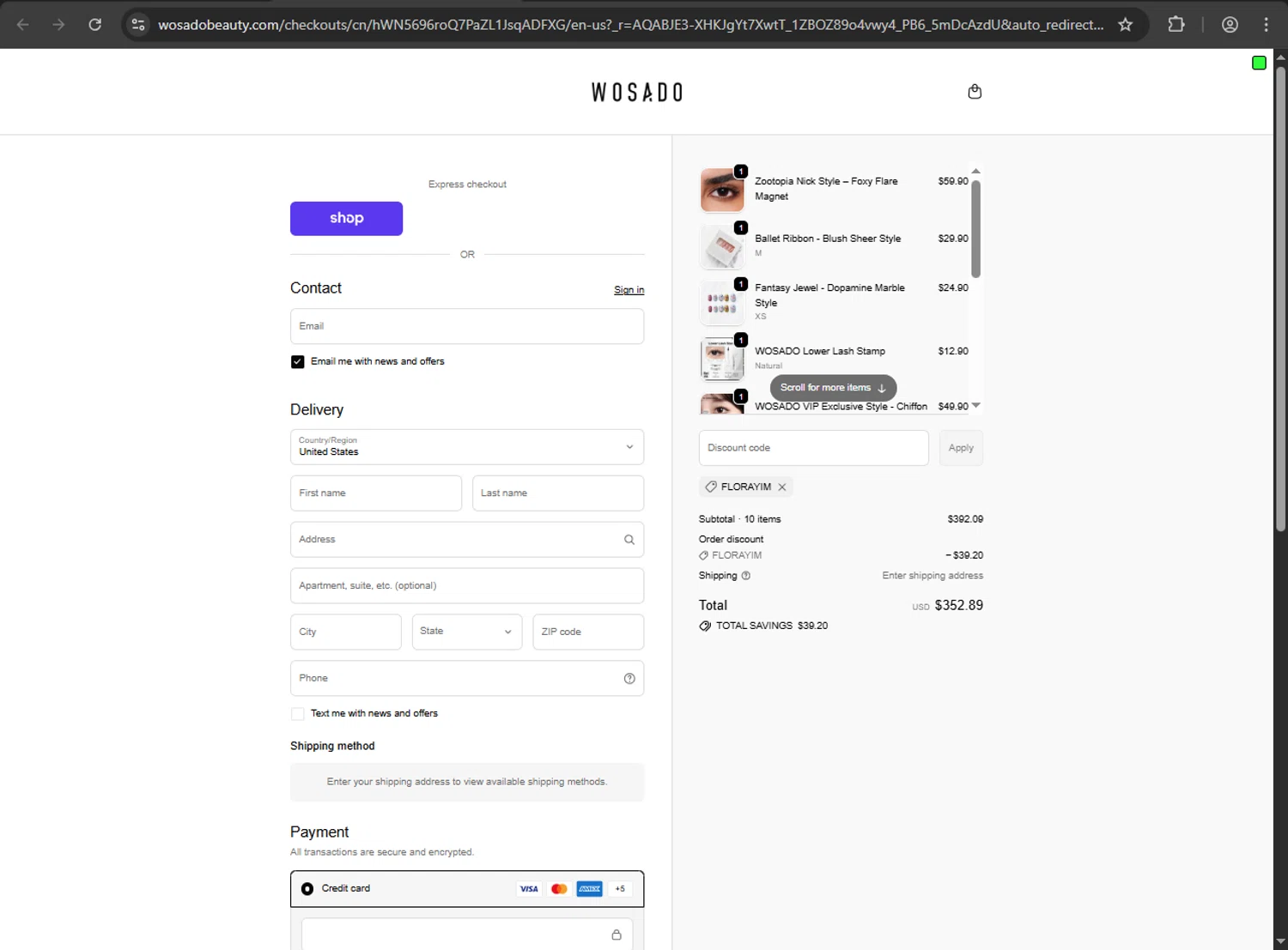 WOSADO discount code screenshot showing code FloraYim applied at WOSADO checkout page. Uploaded by SimplyCodes community member RINITOSHI on Nov 9, 2025