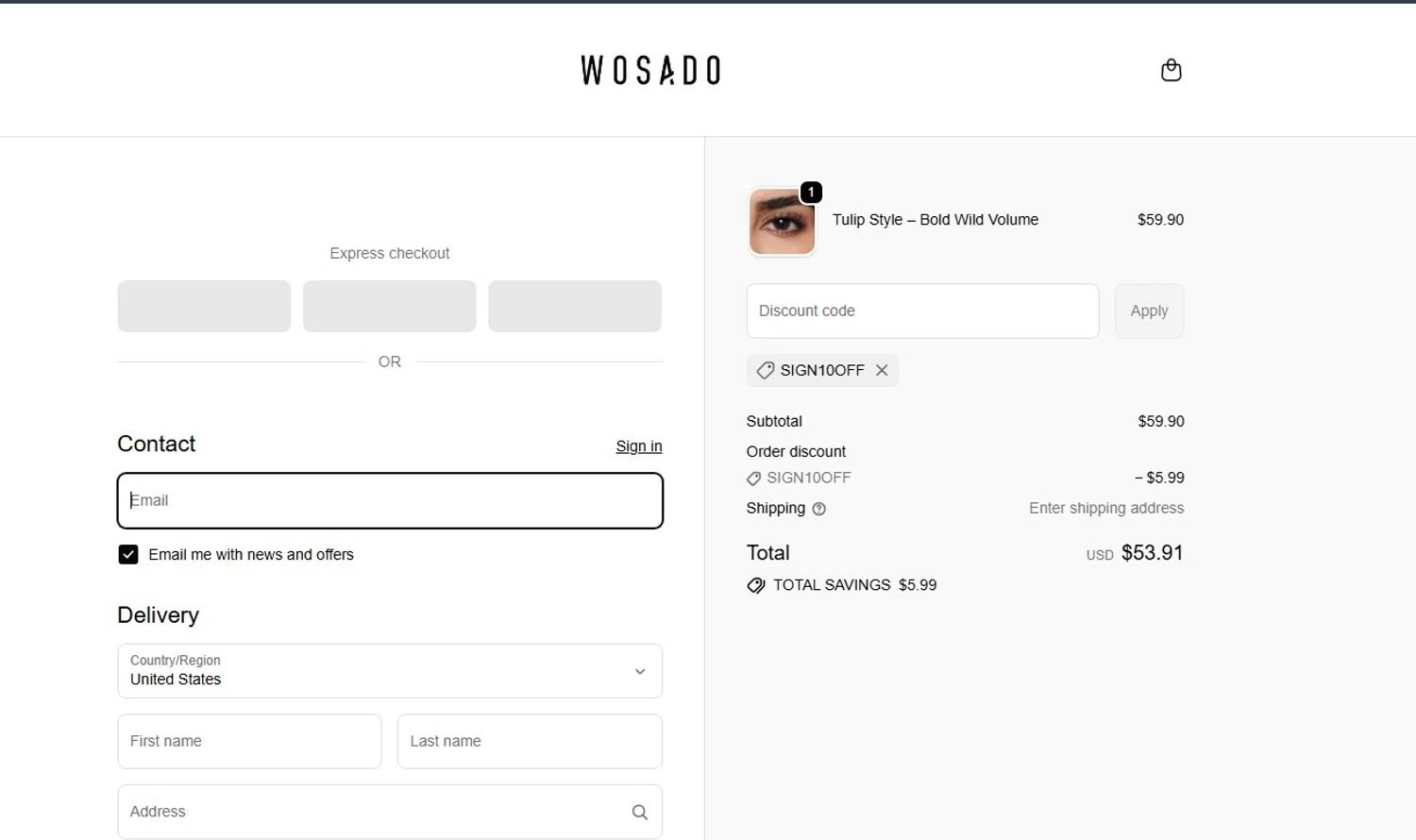 WOSADO discount code screenshot showing code sign10off applied at WOSADO checkout page. Uploaded by SimplyCodes community member angelfigueroa2008 on Jan 14, 2026