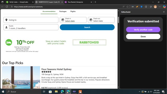 Wotif.com checkout page showing Wotif.com promo code box | Screenshot taken by SimplyCodes community member on Aug 16, 2025