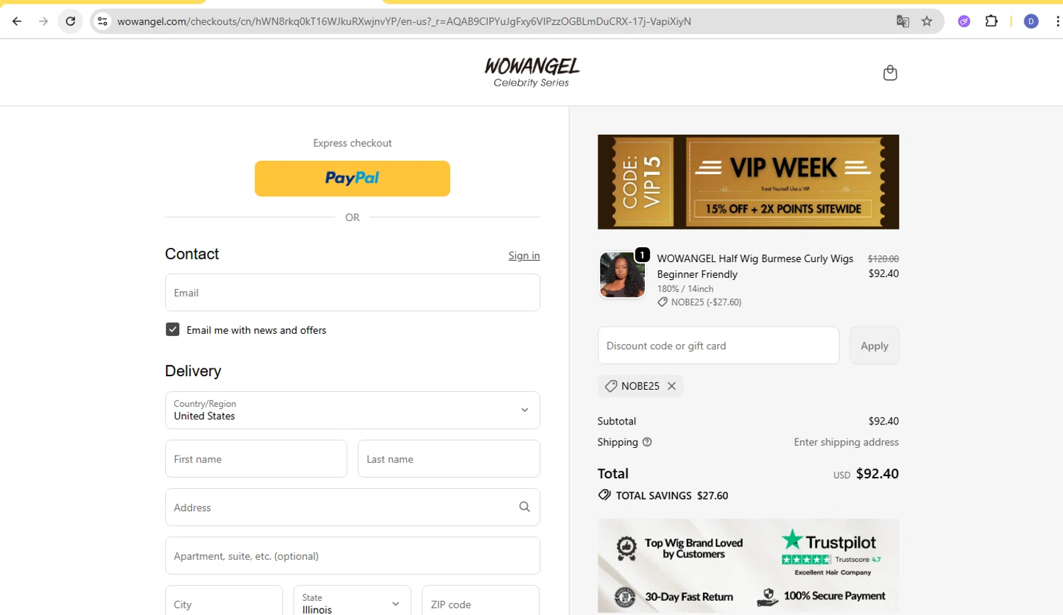 Wowangel checkout page showing Wowangel promo code box | Screenshot taken by SimplyCodes community member on Feb 16, 2026
