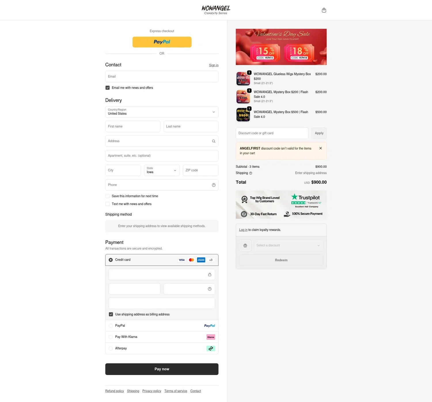 Wowangel promo code screenshot showing code angelfirst applied at Wowangel checkout page. Uploaded by SimplyCodes community member LOgoter on Feb 11, 2026