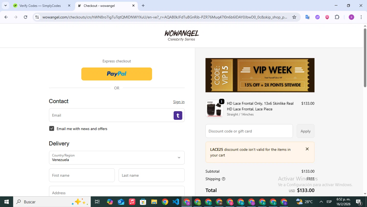Wowangel checkout page showing Wowangel promo code box | Screenshot taken by SimplyCodes community member on Feb 16, 2026