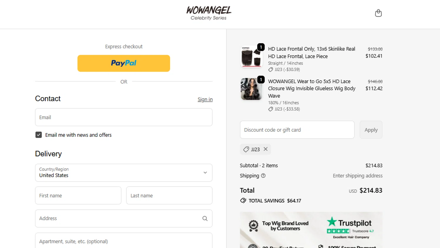 Wowangel promo code screenshot showing code JJ23 applied at Wowangel checkout page. Uploaded by SimplyCodes community member SweetJireh on Feb 13, 2026