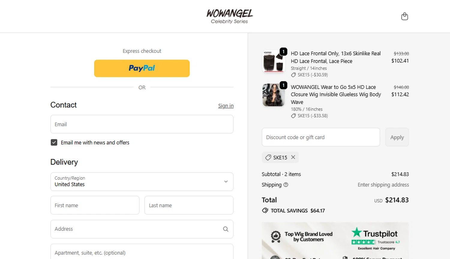 Wowangel promo code screenshot showing code SKE15 applied at Wowangel checkout page. Uploaded by SimplyCodes community member SweetJireh on Feb 13, 2026