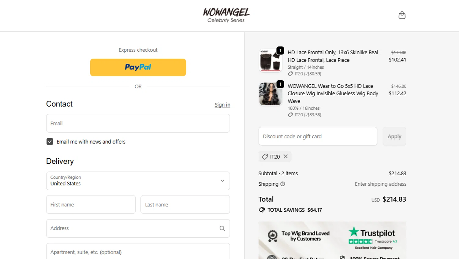 Wowangel promo code screenshot showing code IT20 applied at Wowangel checkout page. Uploaded by SimplyCodes community member SweetJireh on Feb 13, 2026