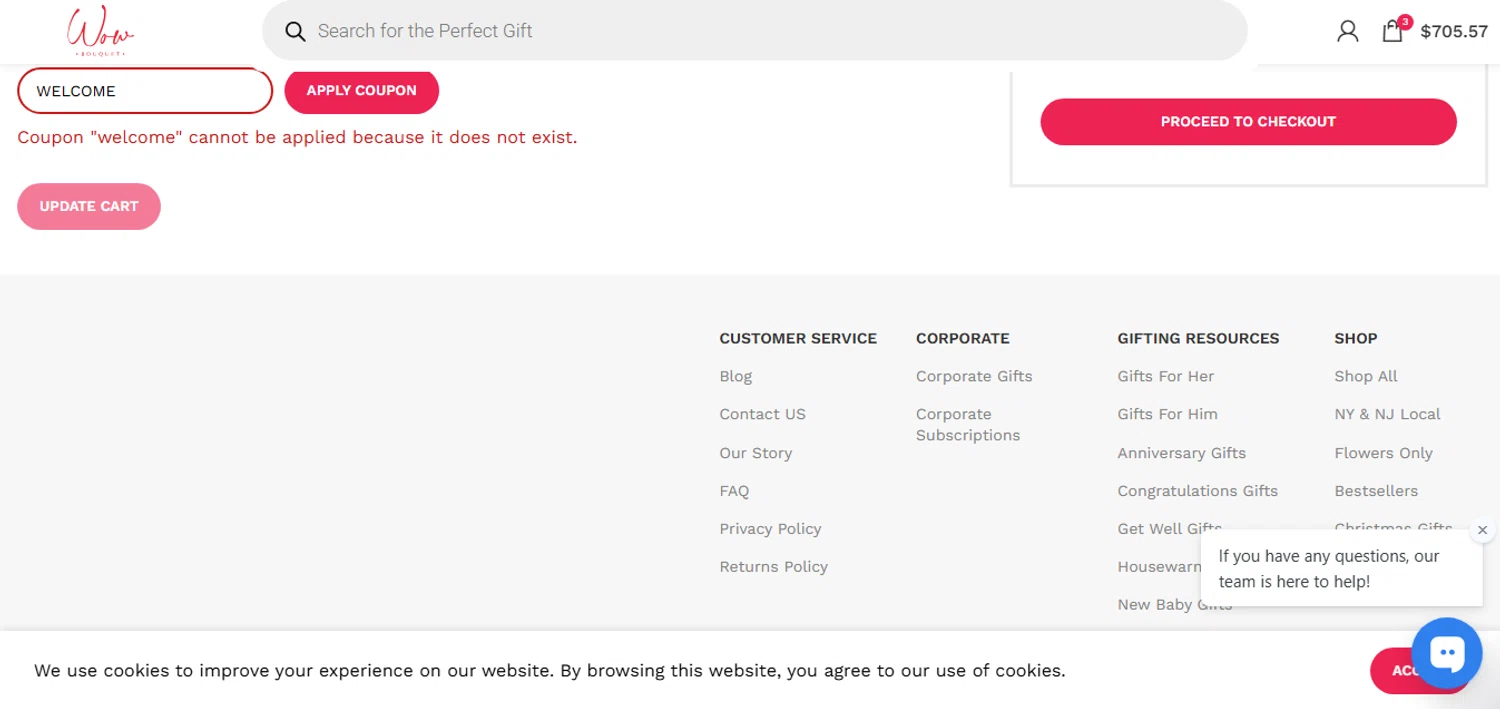 Wow Bouquet coupon code screenshot showing code WELCOME applied at Wow Bouquet checkout page. Uploaded by SimplyCodes community member MagnificentCurator5441 on Dec 22, 2025