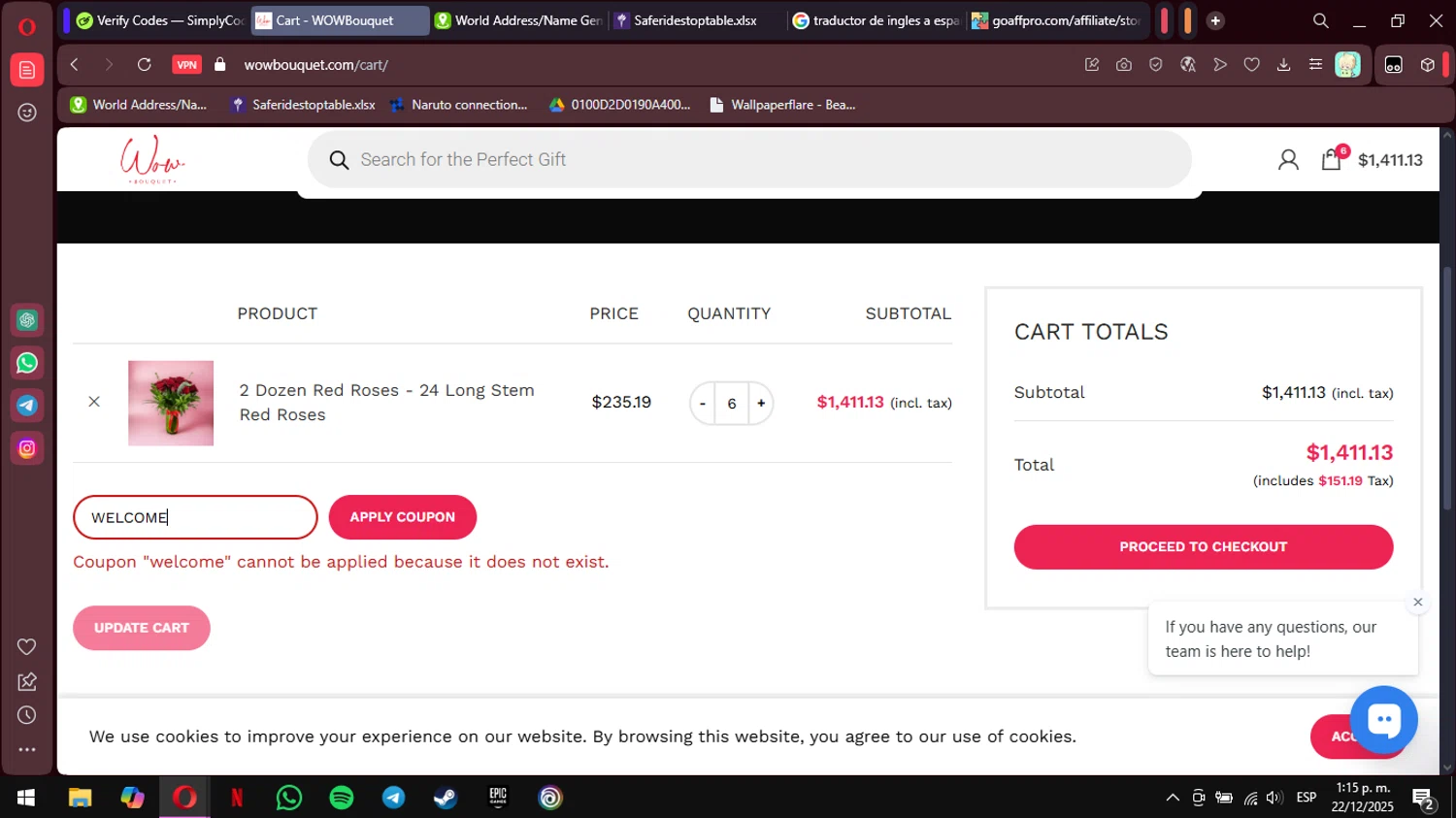 Wow Bouquet coupon code screenshot showing code WELCOME applied at Wow Bouquet checkout page. Uploaded by SimplyCodes community member MimusukyNara on Dec 22, 2025