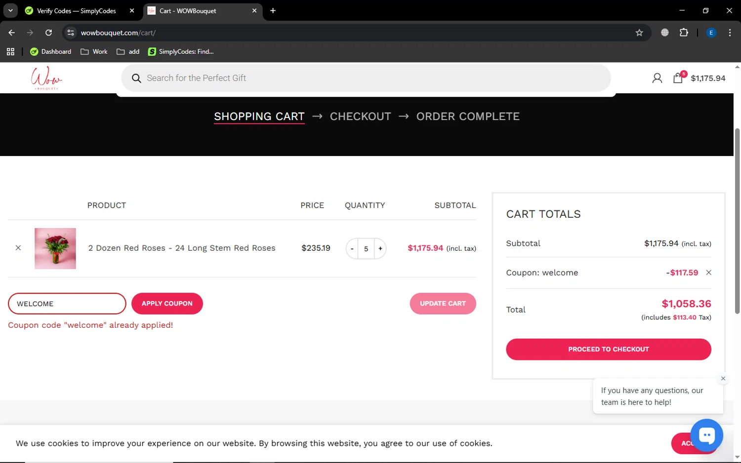 Wow Bouquet checkout page showing Wow Bouquet coupon code box | Screenshot taken by SimplyCodes community member on Dec 11, 2025