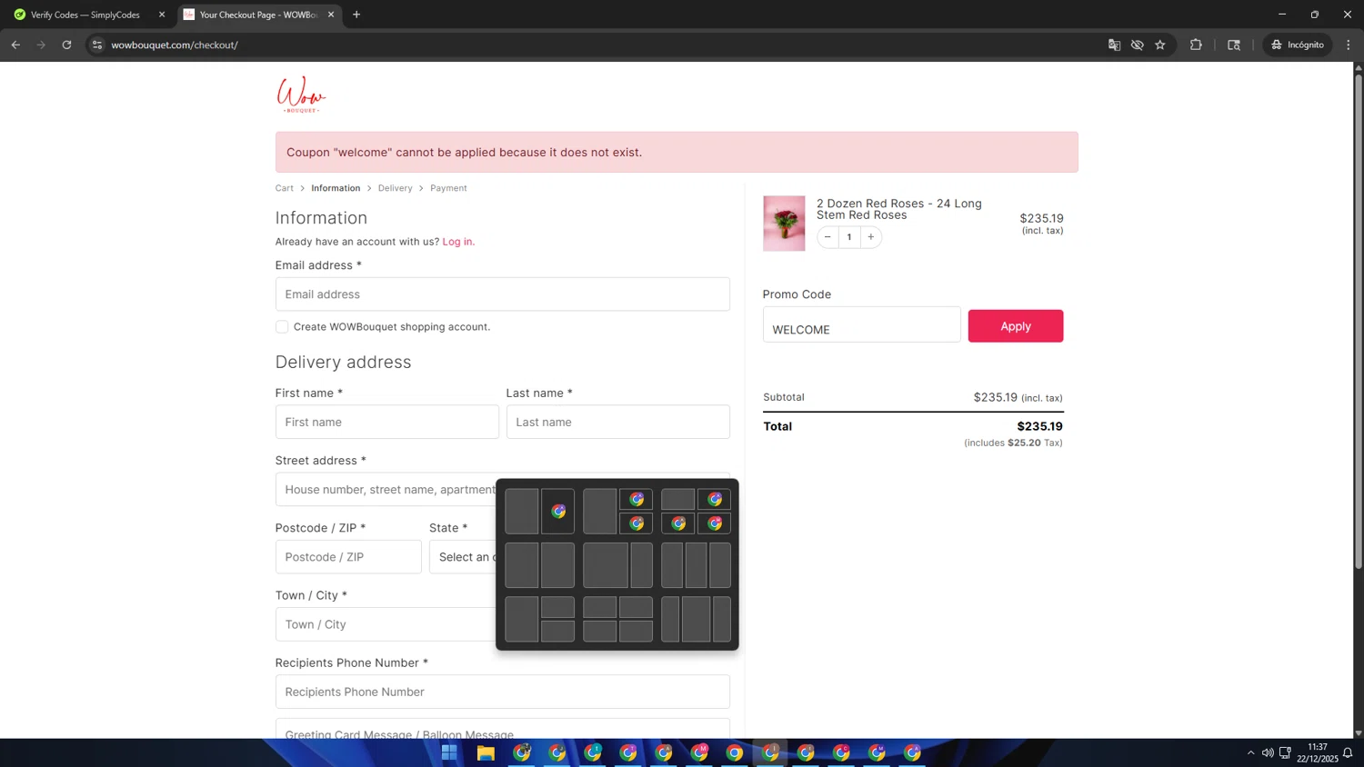 Wow Bouquet coupon code screenshot showing code WELCOME applied at Wow Bouquet checkout page. Uploaded by SimplyCodes community member pequenokalvin5 on Dec 22, 2025