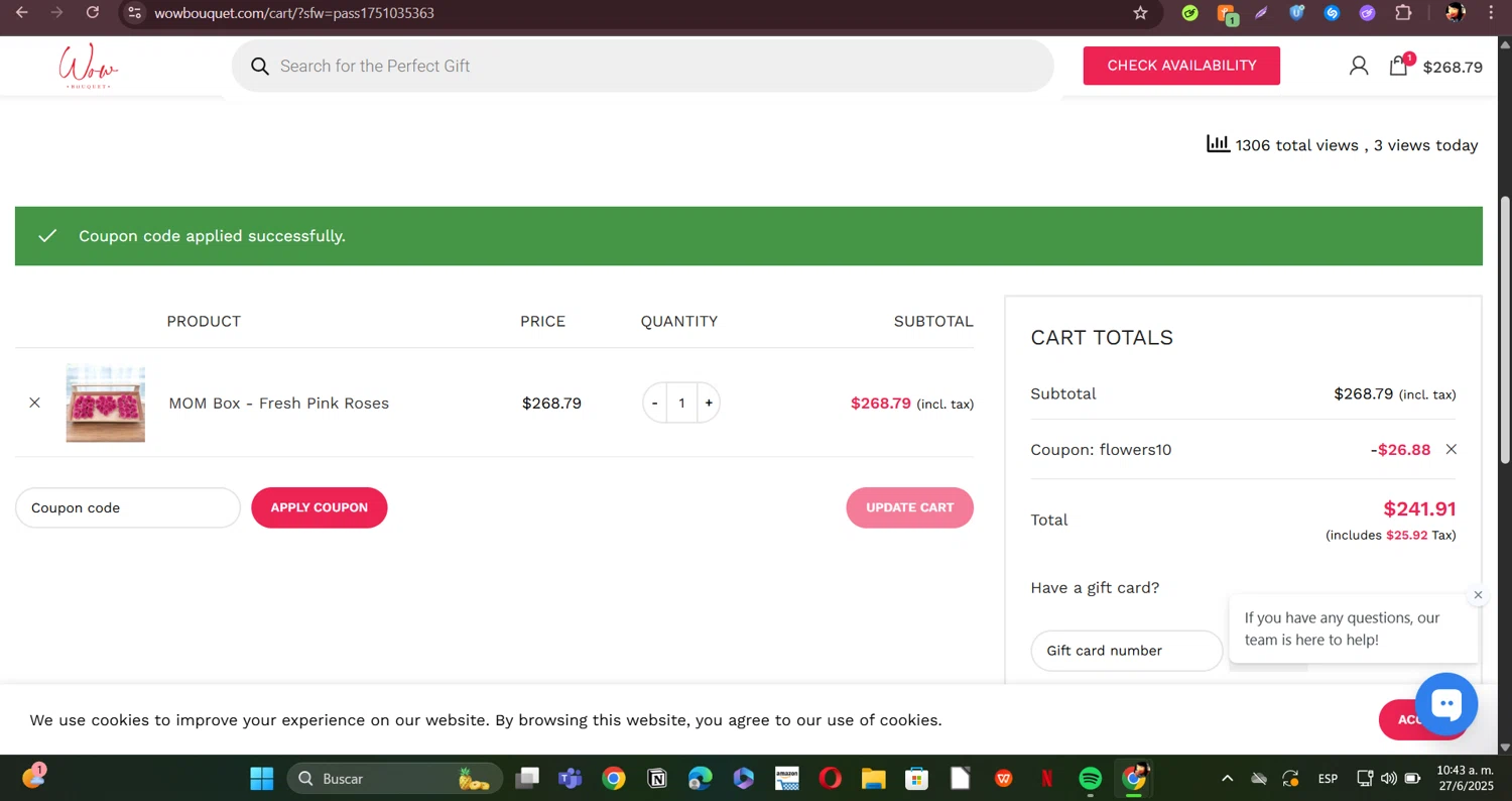 Wow Bouquet coupon code screenshot showing code flowers10 applied at Wow Bouquet checkout page. Uploaded by SimplyCodes community member ERI0810 on Jun 27, 2025