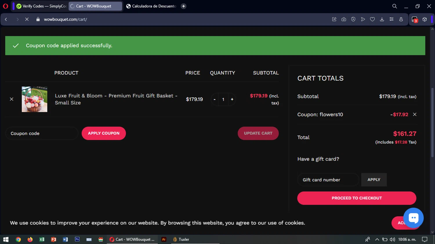 Wow Bouquet coupon code screenshot showing code flowers10 applied at Wow Bouquet checkout page. Uploaded by SimplyCodes community member SavingsTiger3479 on Jun 13, 2025