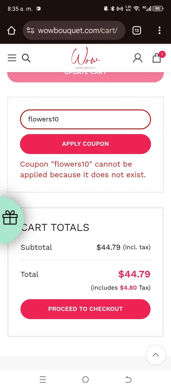 Wow Bouquet coupon code screenshot showing code flowers10 applied at Wow Bouquet checkout page. Uploaded by SimplyCodes community member annehathaway on Dec 11, 2025