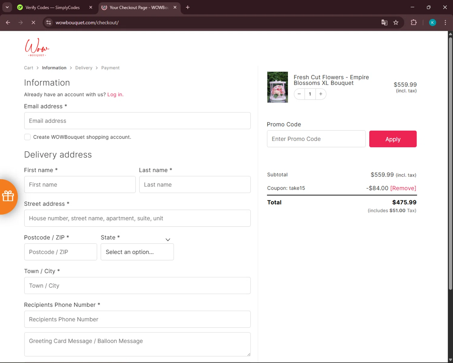 Wow Bouquet coupon code screenshot showing code TAKE15 applied at Wow Bouquet checkout page. Uploaded by SimplyCodes community member VoucherSleuth3236 on Nov 17, 2025
