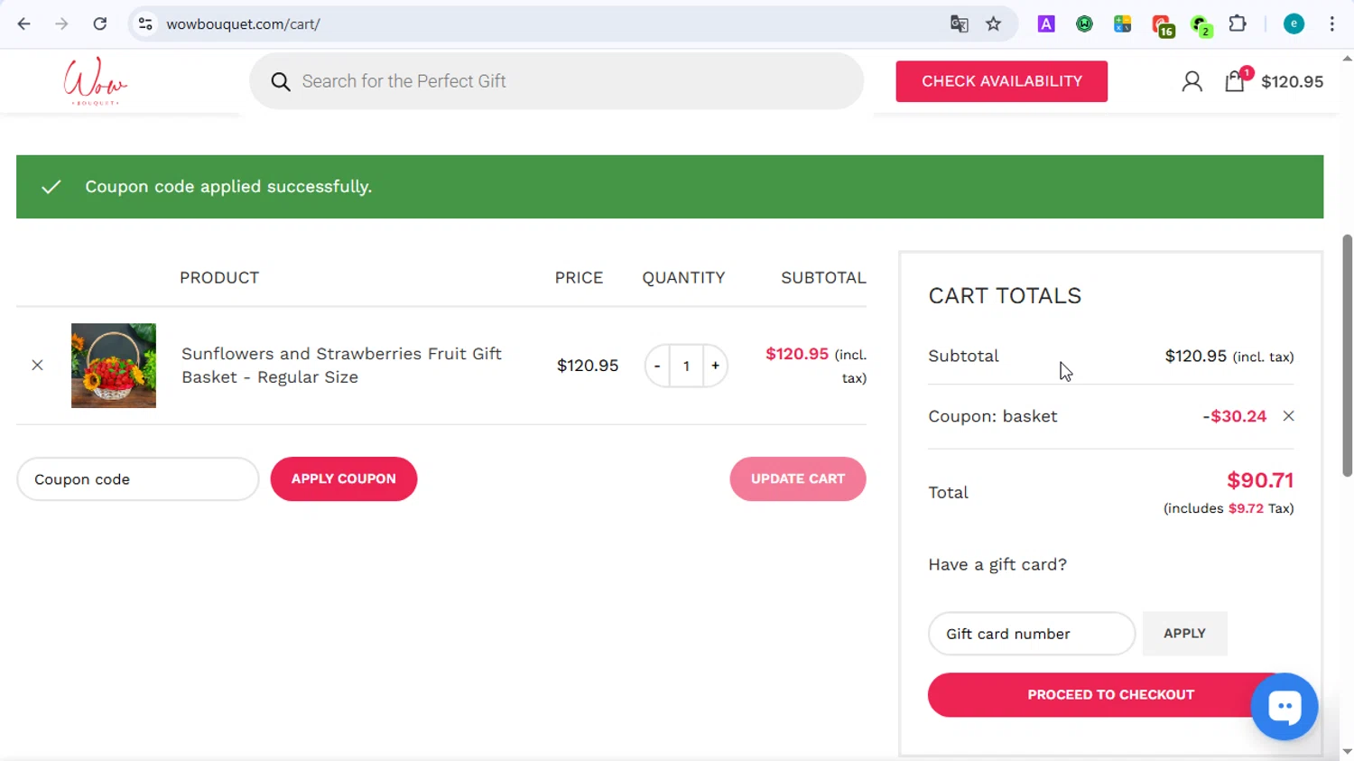 Wow Bouquet coupon code screenshot showing code BASKET applied at Wow Bouquet checkout page. Uploaded by SimplyCodes community member LOVECOUPON on Sep 17, 2025