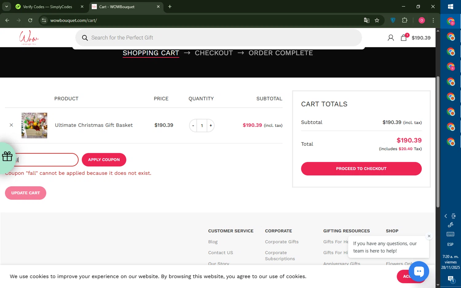 Wow Bouquet coupon code screenshot showing code Fall applied at Wow Bouquet checkout page. Uploaded by SimplyCodes community member LegendaryRanger6350 on Nov 28, 2025