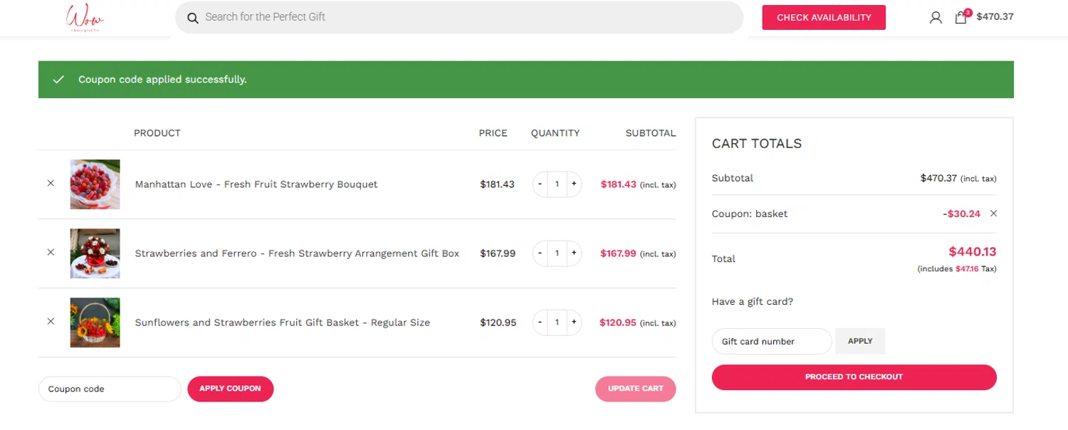 Wow Bouquet coupon code screenshot showing code BASKET applied at Wow Bouquet checkout page. Uploaded by SimplyCodes community member jesspea on Sep 17, 2025