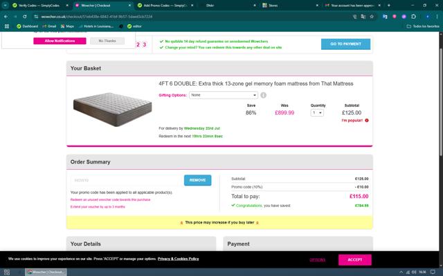 Wowcher checkout page showing Wowcher promo code box | Screenshot taken by SimplyCodes community member on Jul 19, 2025