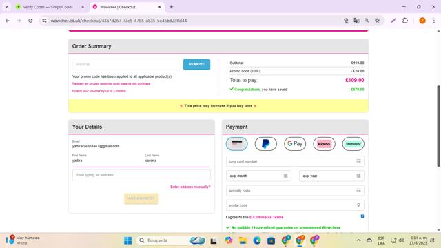 Wowcher checkout page showing Wowcher promo code box | Screenshot taken by SimplyCodes community member on Aug 17, 2025