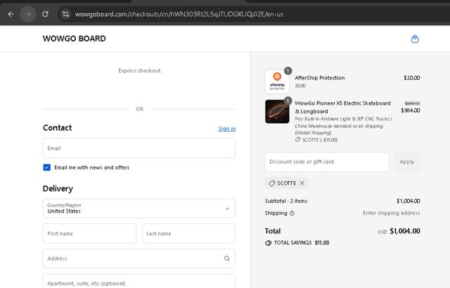 WowGo Board checkout page showing WowGo Board discount code box | Screenshot taken by SimplyCodes community member on Sep 15, 2025