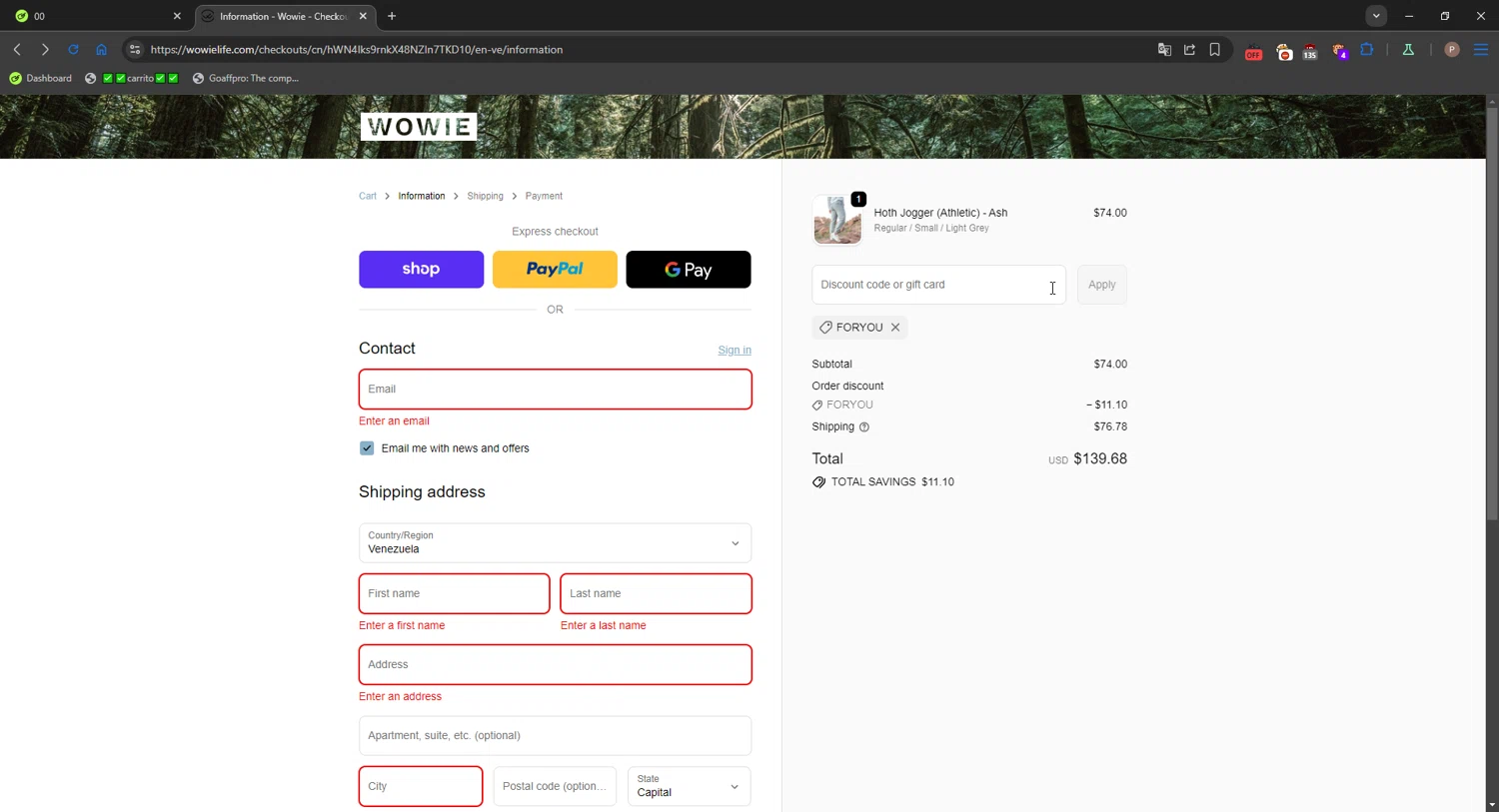 Wowie discount code screenshot showing code FORYOU applied at Wowie checkout page. Uploaded by SimplyCodes community member CrownPro3073 on Oct 19, 2025