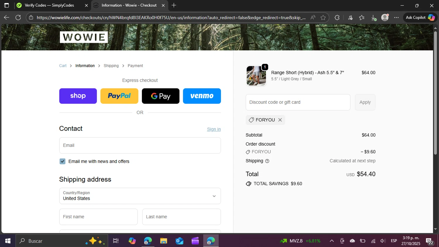 Wowie discount code screenshot showing code FORYOU applied at Wowie checkout page. Uploaded by SimplyCodes community member swiftie on Oct 27, 2025