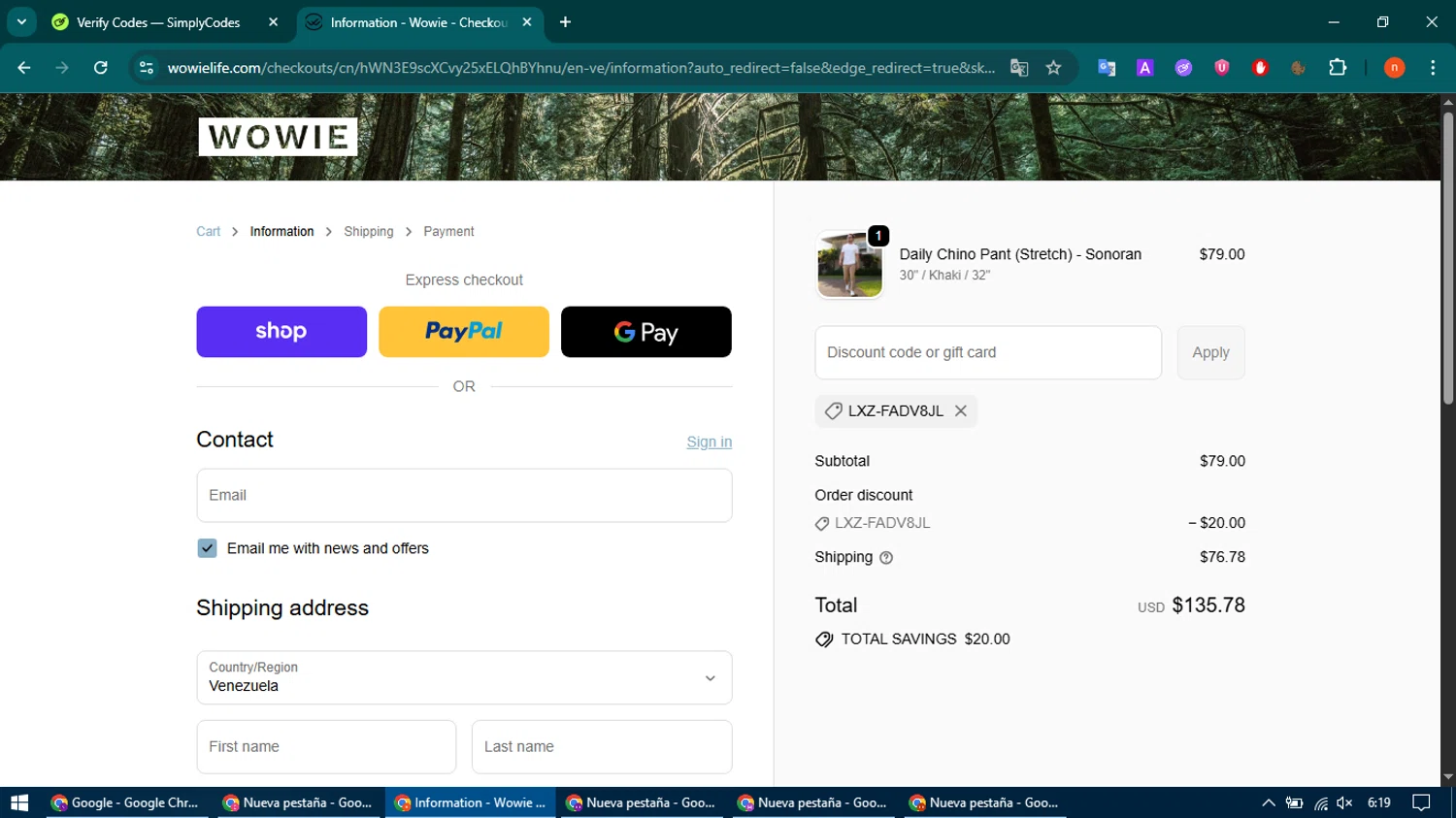 Wowie discount code screenshot showing code LXZ-FADV8JL applied at Wowie checkout page. Uploaded by SimplyCodes community member CoinMaven895 on Sep 21, 2025